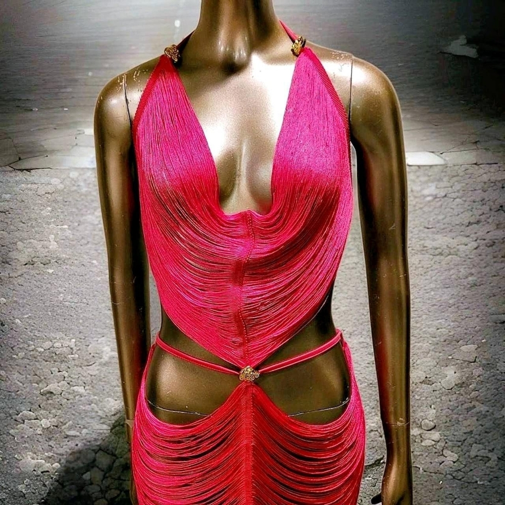 NWT Sunset Pink In Miami Sexy Cut Out Fringe Embellished Ibiza Festival Dress - Picture 13 of 16